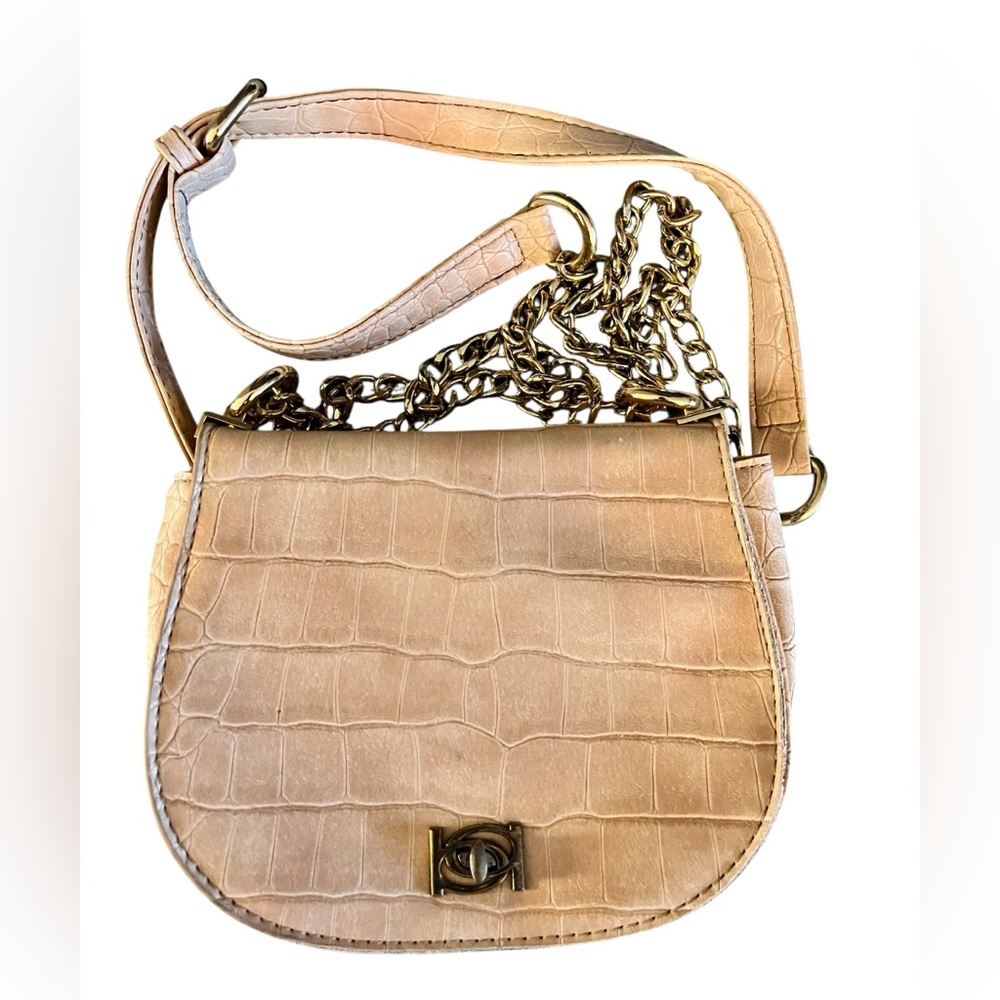 Bebe Croc-Embossed Crossbody Saddle Bag with Gold Chain